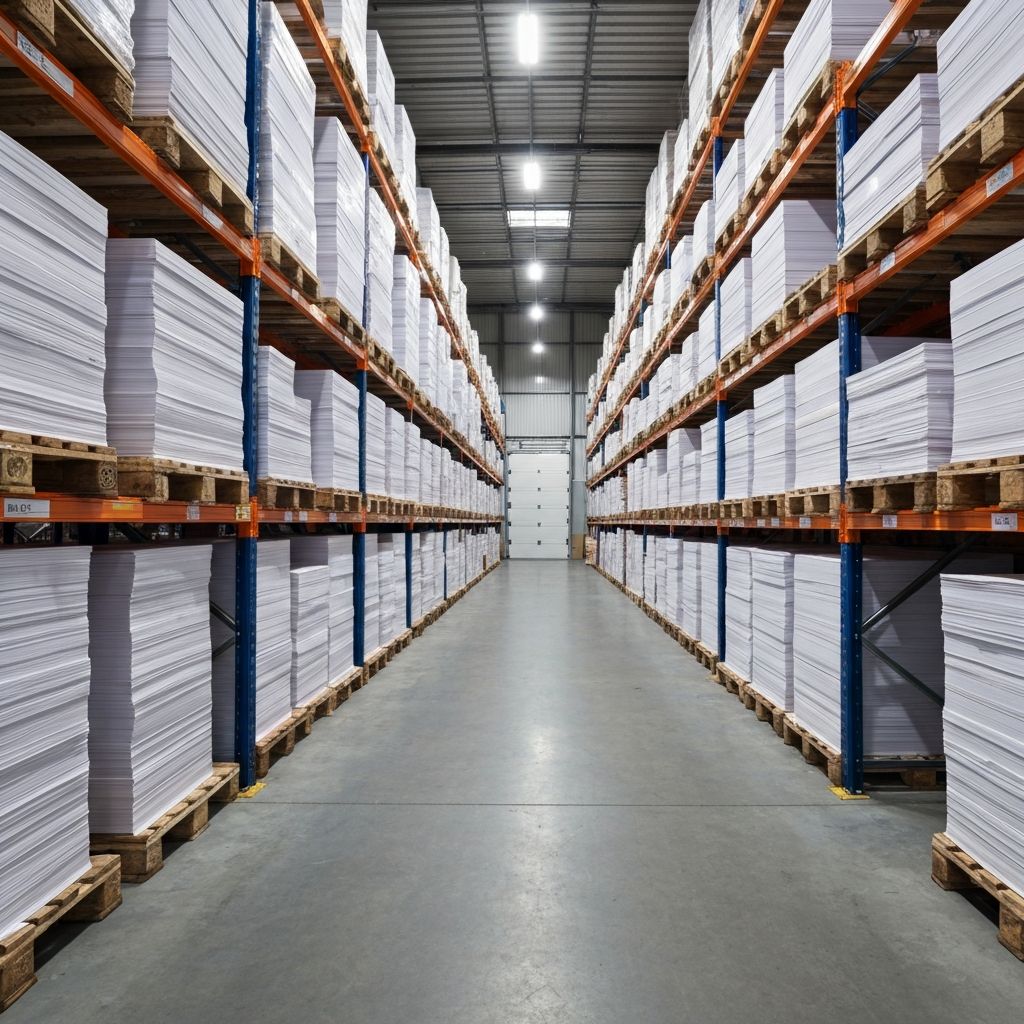 Dunder Mifflin paper warehouse with organized paper stacks